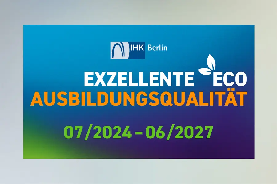 Siegel-Grafik der IHK Berlin. die exzellente Ausbildungsqualität ECO bescheinigt.